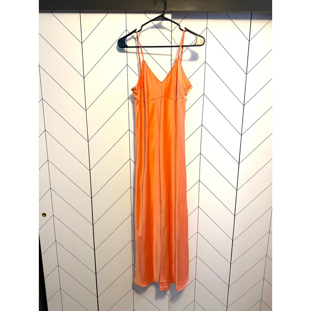 Etam Womens Medium Peach Satin Back Cut out Midi Slip Dress Slit Party Chic